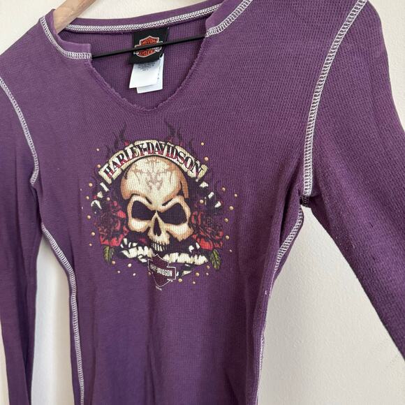 Vintage Y2K Harley Davidson Women Purple Longsleeve Size Medium Skull Biker Punk - Picture 7 of 13